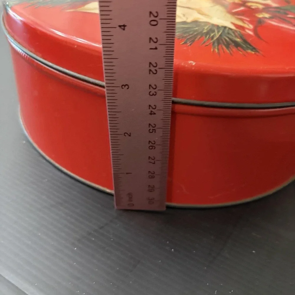 Vintage Christmas Poinsettias Round Metal Tin Red White Flowers Pine Bells